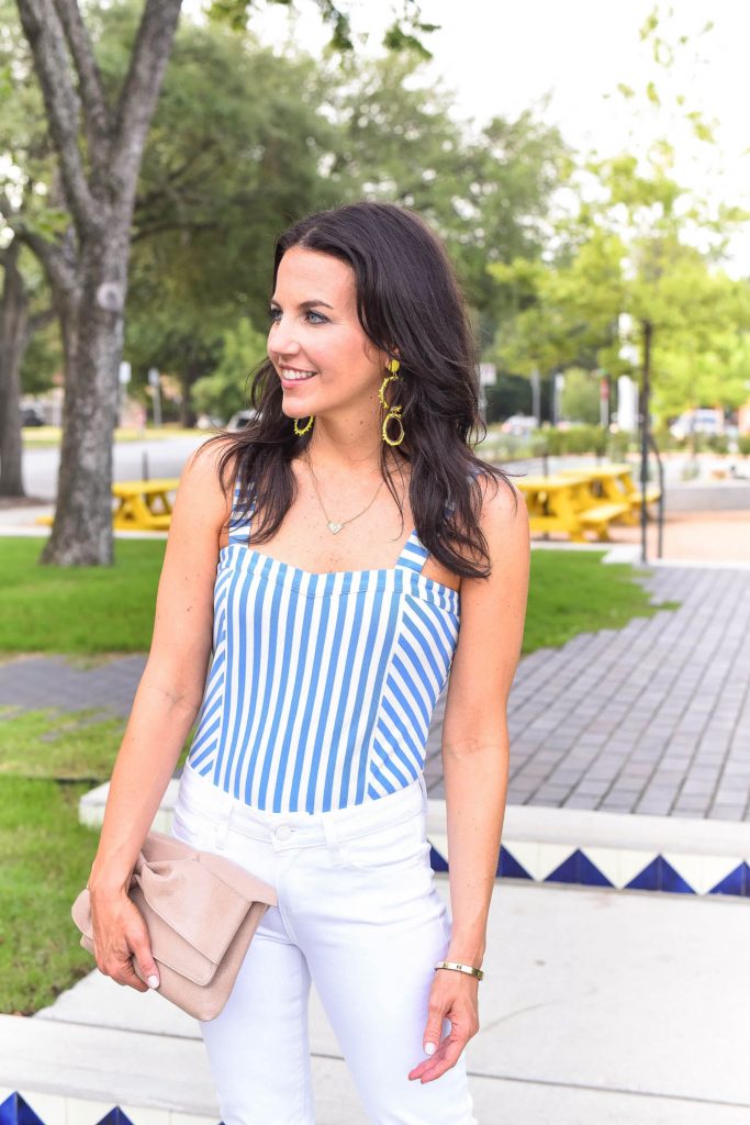 Summer outfit | striped bodysuit | yellow earrings | Houston Fashion Blogger Lady in Violet