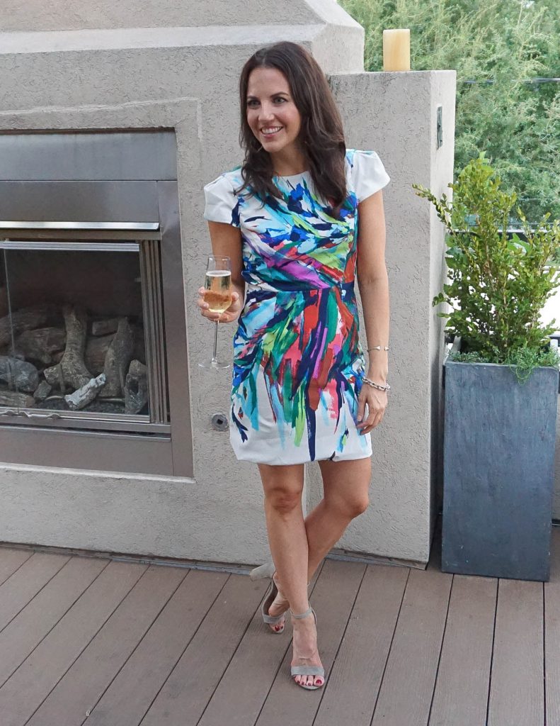 Summer party outfit | white paint stroke dress | block heels sandals | Houston Fashion Blogger Lady in Violet