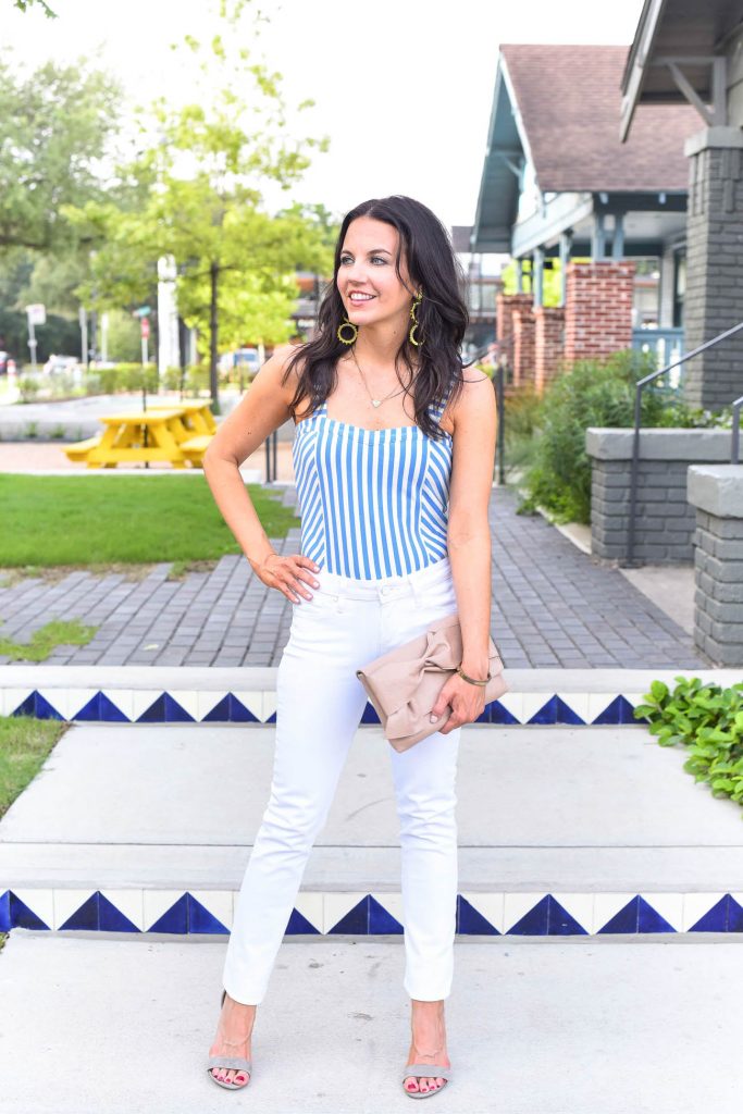 summer fashion | blue striped bodysuit | white skinny jeans | Houston Fashion Blogger Lady in Violet