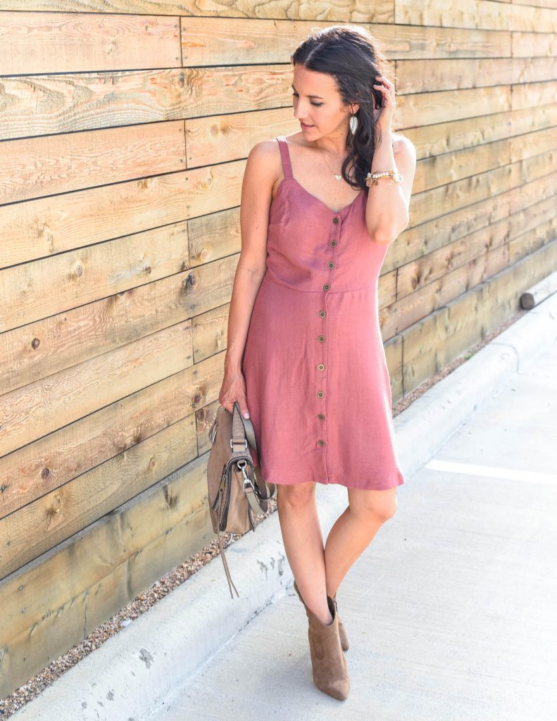 summer outfit | pink button front dress | brown booties | Houston Fashion Blogger Lady in Violet