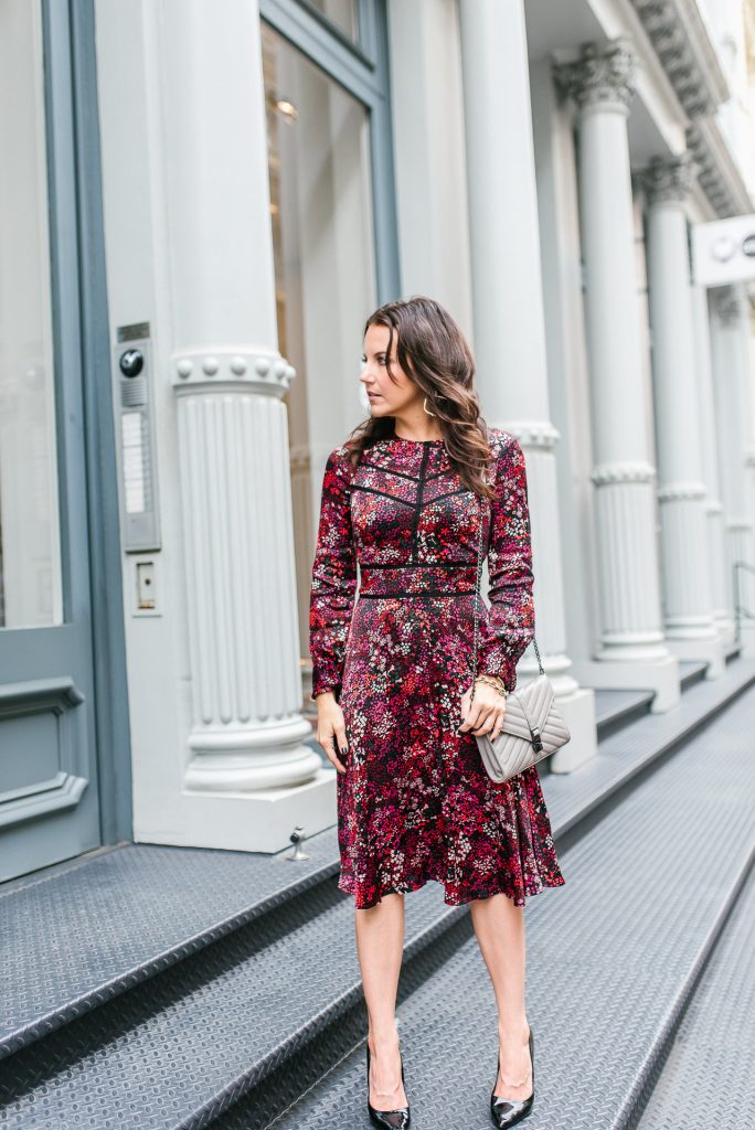 Fall outfit | red floral midi dress | black patent heels | Houston Fashion Blogger Lady in Violet