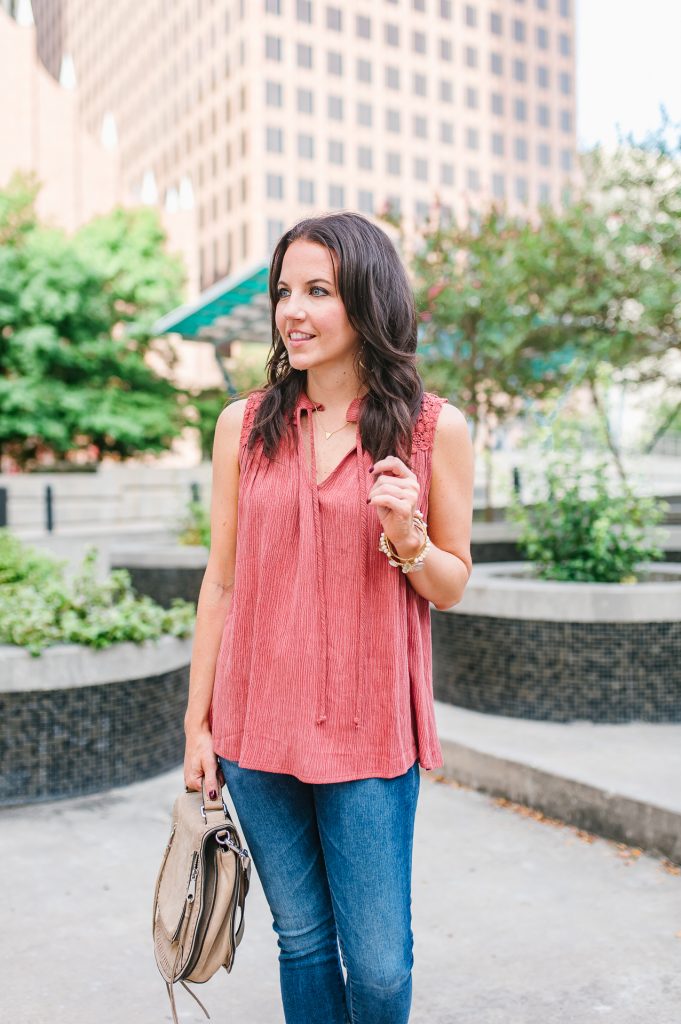 Casual outfit | coral blouse | saddle crossbody bag | Houston Fashion Blogger Lady in Violet