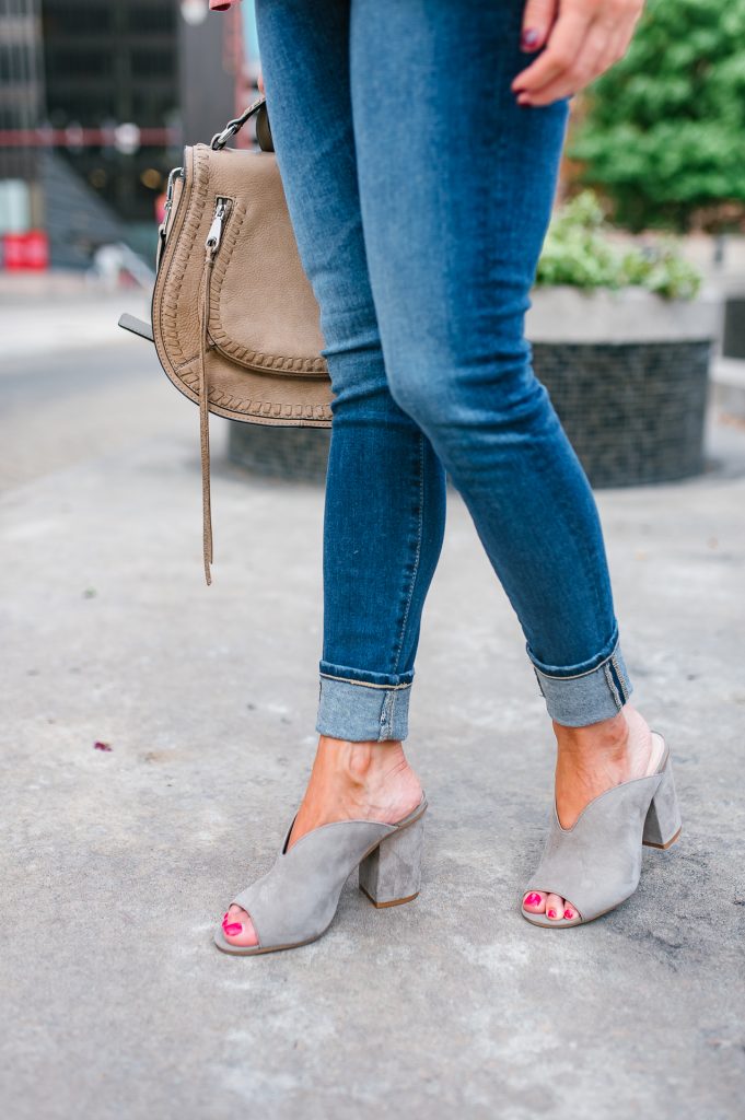 Fall outfit | cuffed skinny jeans | taupe mule sandals | Houston Fashion Blogger Lady in Violet