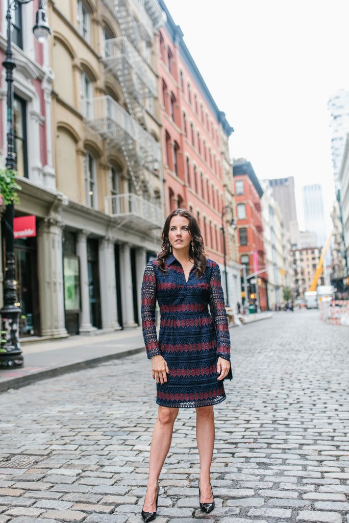 fall outfit | navy striped lace dress | nyfw street style | Houston Fashion Blogger Lady in Violet