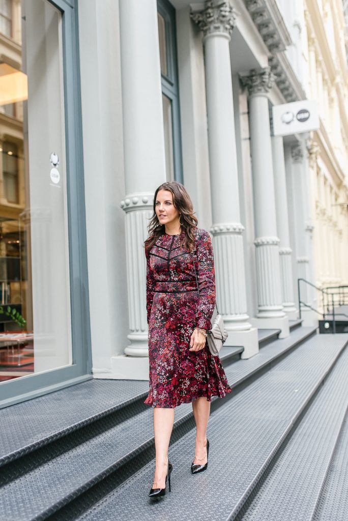office outfit | red midi dress | black patent heels | Houston Fashion Blogger Lady in Violet