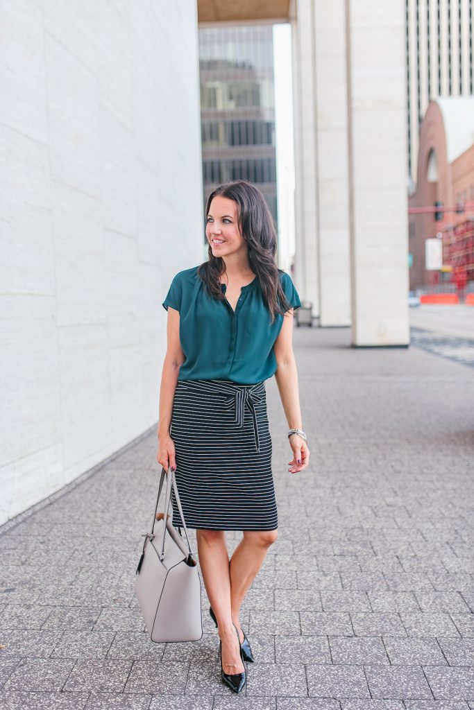 office outfit | teal top | striped pencil skirt | Houston Fashion Blogger Lady in Violet