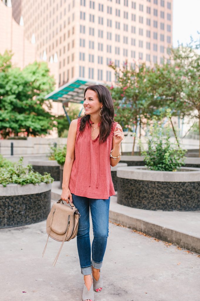 weekend outfit | coral sleeveless top | saddle bag | Houston Fashion Blogger Lady in Violet