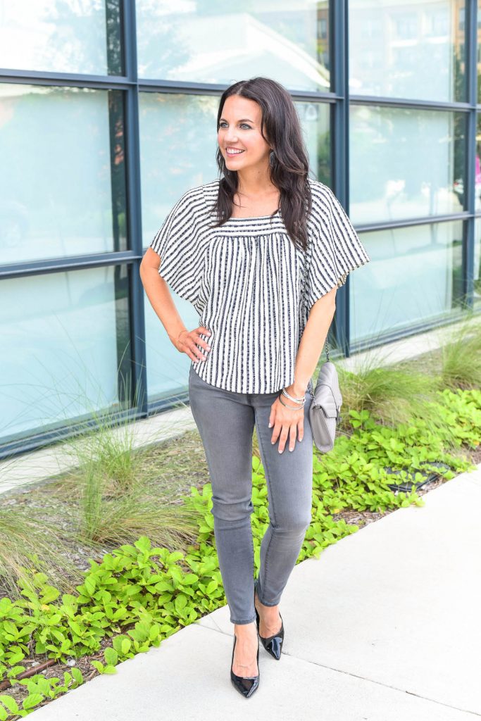 Fall outfit | black and white striped top | gray jeans | Houston Fashion Blogger Lady in Violet