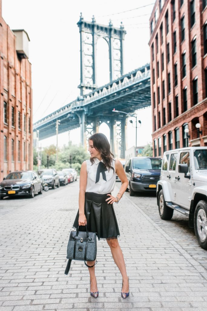 fall outfit | leather flared skirt | tie neck blouse | Houston Fashion Blogger Lady in Violet