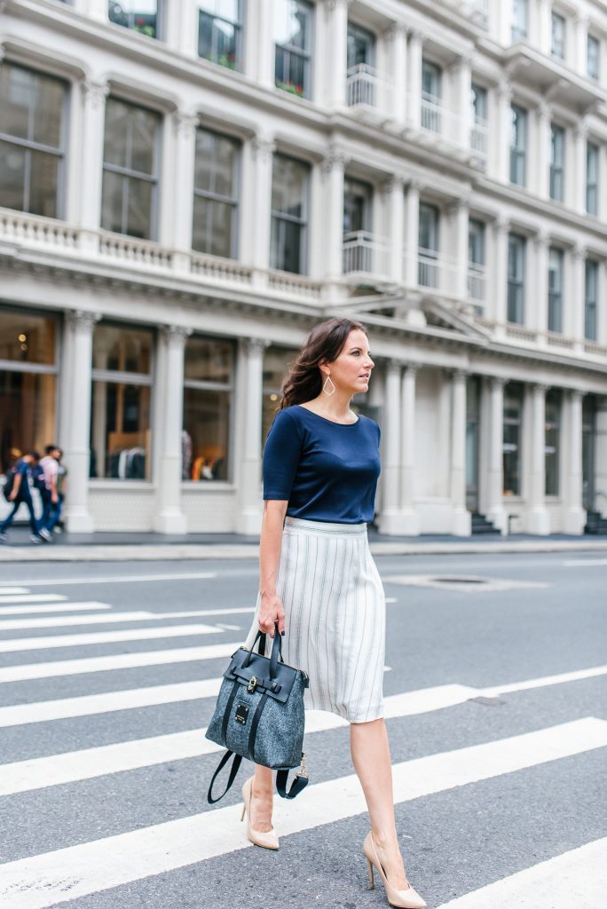 work outfit | navy top | black backpack | Houston Fashion Blogger Lady in Violet