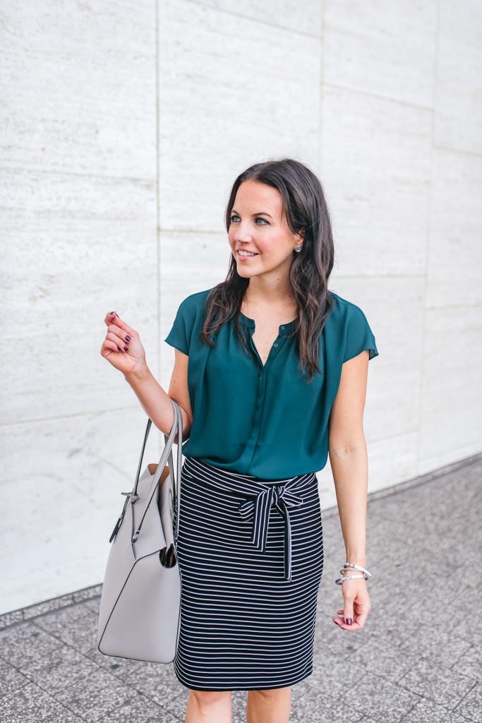 fall outfit | teal top | striped skirt | Houston Fashion Blogger Lady in Violet