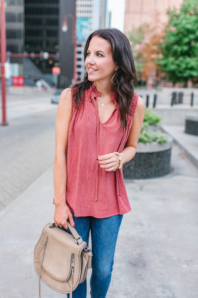 weekend outfit | coral blouse | blue jeans | Houston Fashion Blogger Lady in Violet