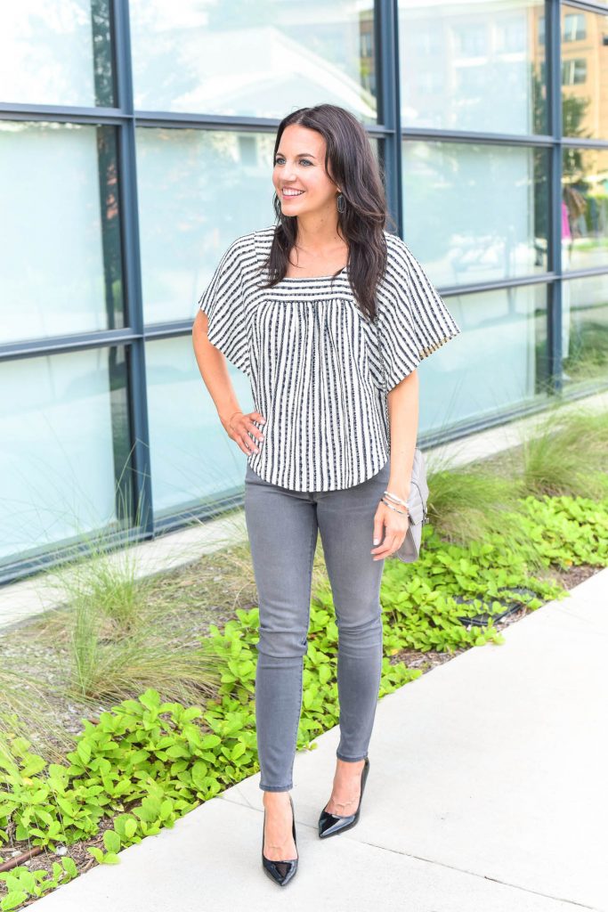 weekend outfit | gray skinny jeans | striped blouse | Houston Fashion Blogger Lady in Violet