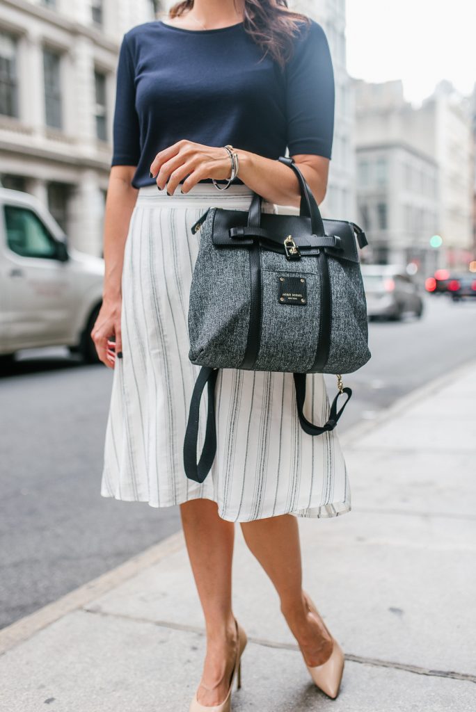 workwear | white striped skirt | henri bendel jetsetter bag | Houston Fashion Blogger Lady in Violet