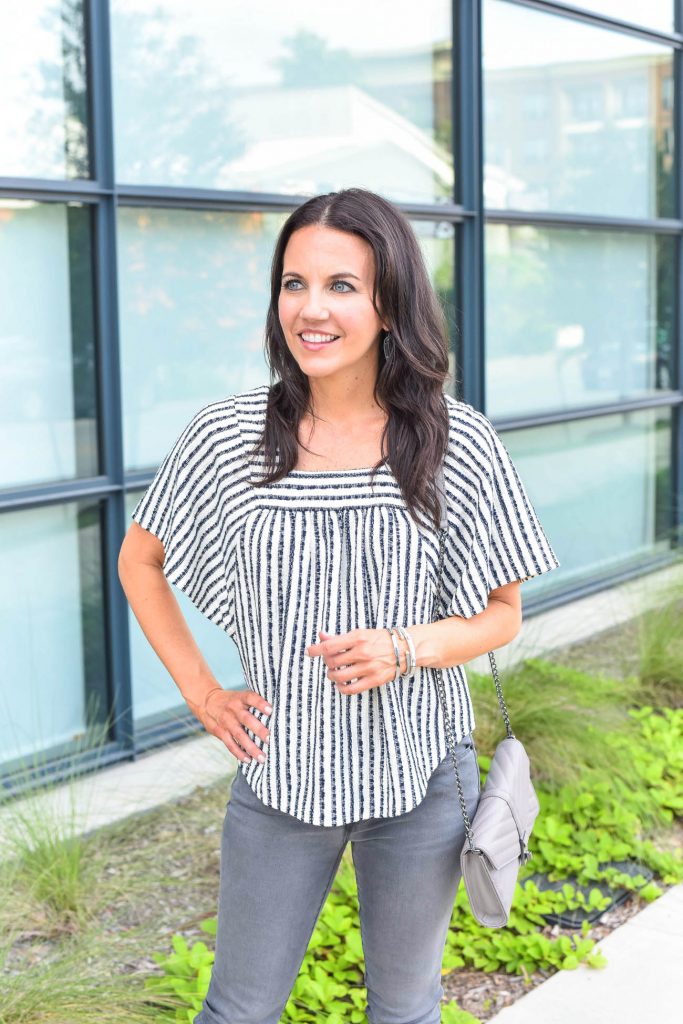 Weekend outfit | striped blouse | gray crossbody purse | Houston Fashion Blogger Lady in Violet