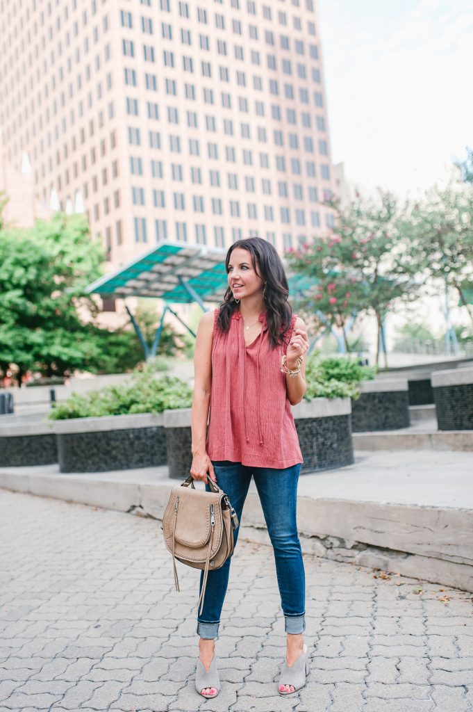 summer outfit | orange sleeveless top | cuffed jeans | Houston Fashion Blogger Lady in Violet