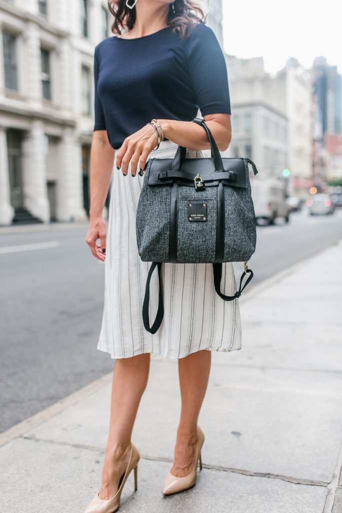 work outfit | white striped skirt | black satchel bag | Houston Fashion Blogger Lady in Violet