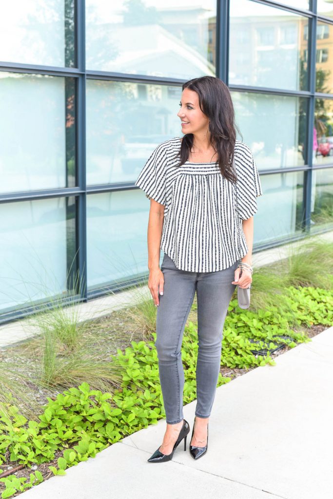 Fall outfit | gray skinny jeans and black heels | Houston Fashion Blogger Lady in Violet