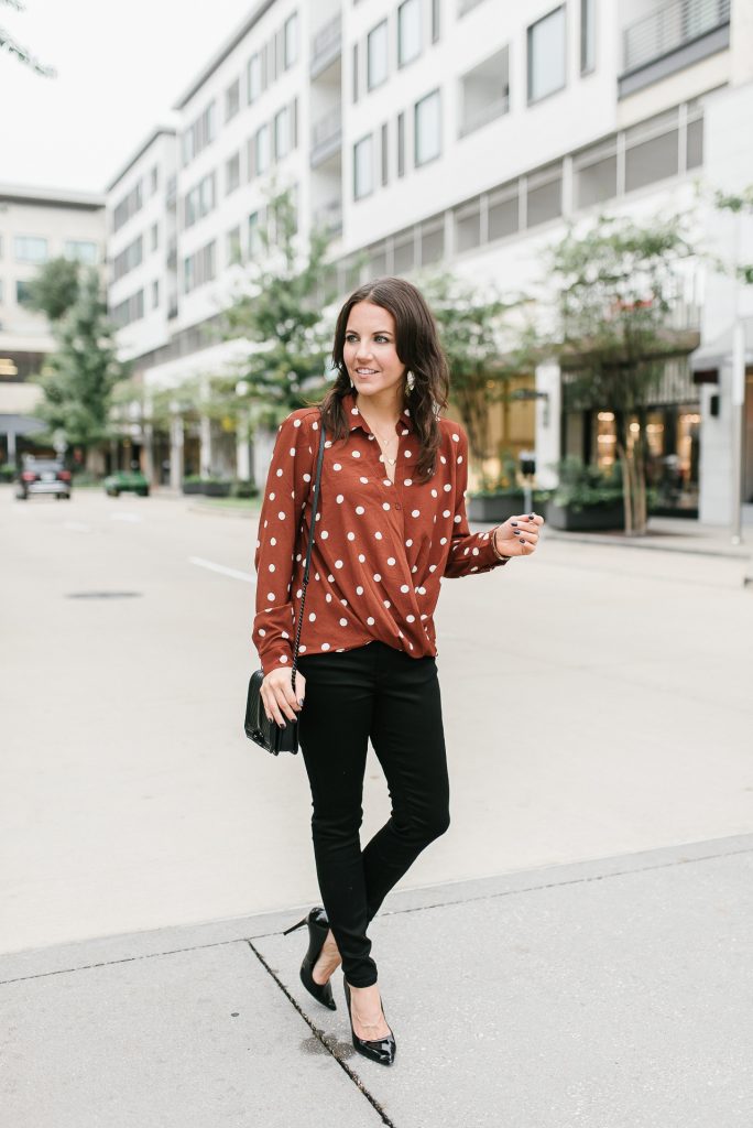 fall outfit | brown polka dot blouse | black skinny jeans | Houston Fashion Blogger Lady in Violet