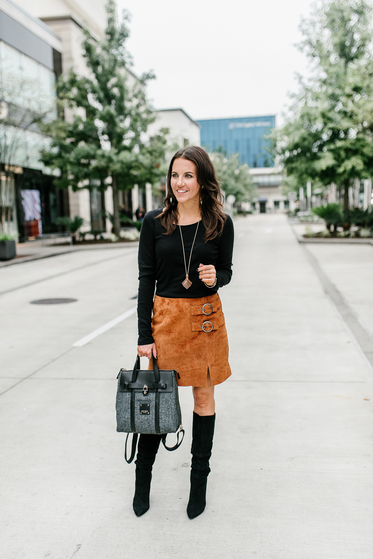 http://ladyinviolet.com/wp-content/uploads/2018/10/a-fall-outfit-brown-suede-skirt-black-slouchy-boots.jpg