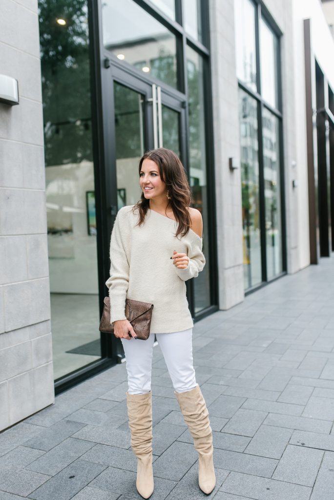 fall outfit | ivory one shoulder sweater | stuart weitzman boots | Houston Fashion Blogger Lady in Violet