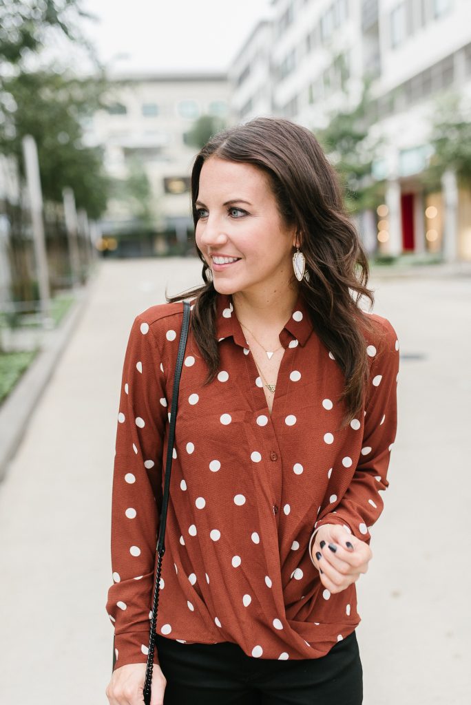 fall fashion trends | brown polka dot top | gorjana necklaces | Houston Fashion Blogger Lady in Violet