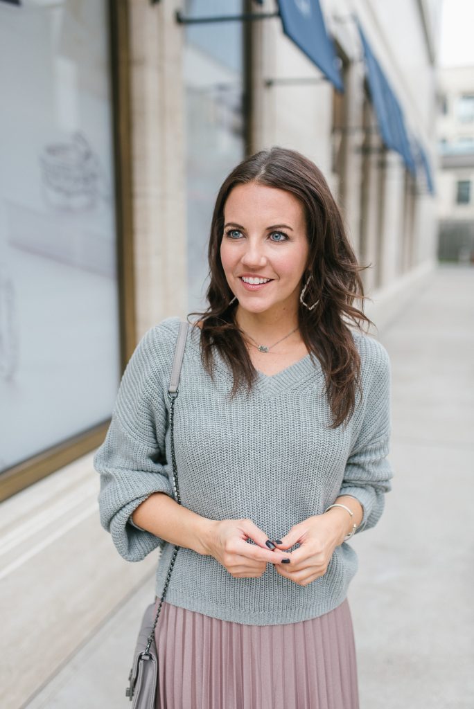 Pleated skirt shop and sweater outfit