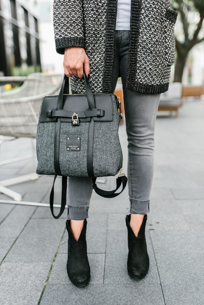 Casual outfit | black mini jetsetter bag | black booties | Petite Fashion Blogger Lady in Violet