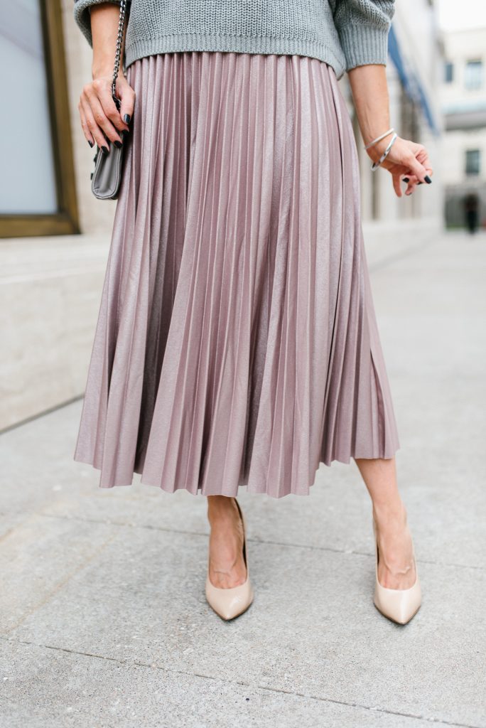 fall outfit | pink pleated midi skirt | nude heels | Houston Fashion Blogger Lady in Violet