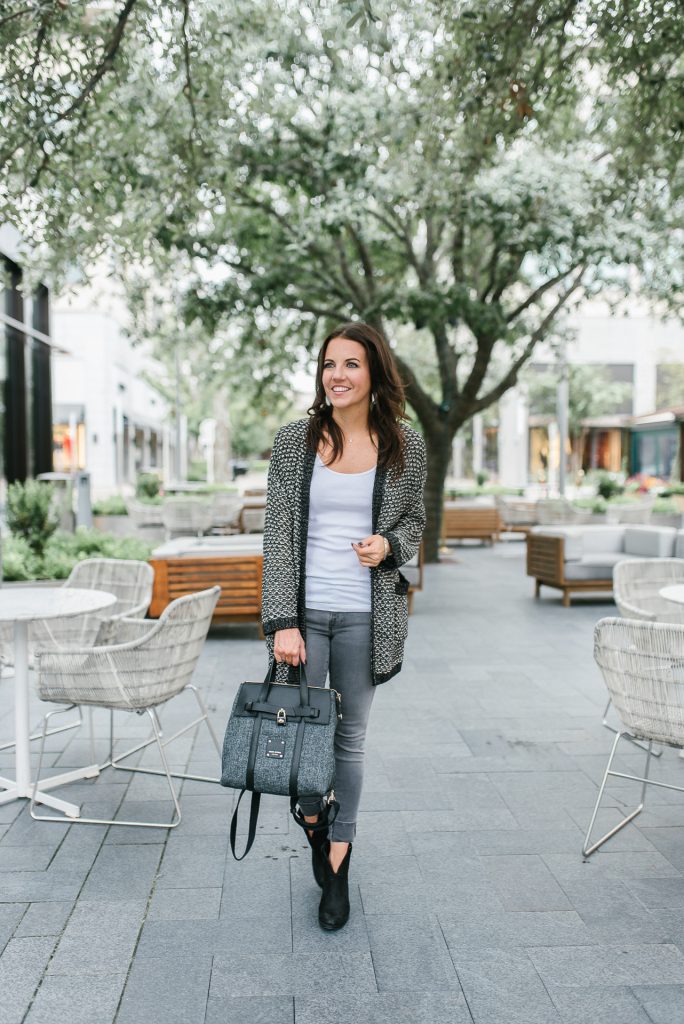 casual fall outfit | gray cardigan | gray jeans | Petite Fashion Blogger Lady in Violet