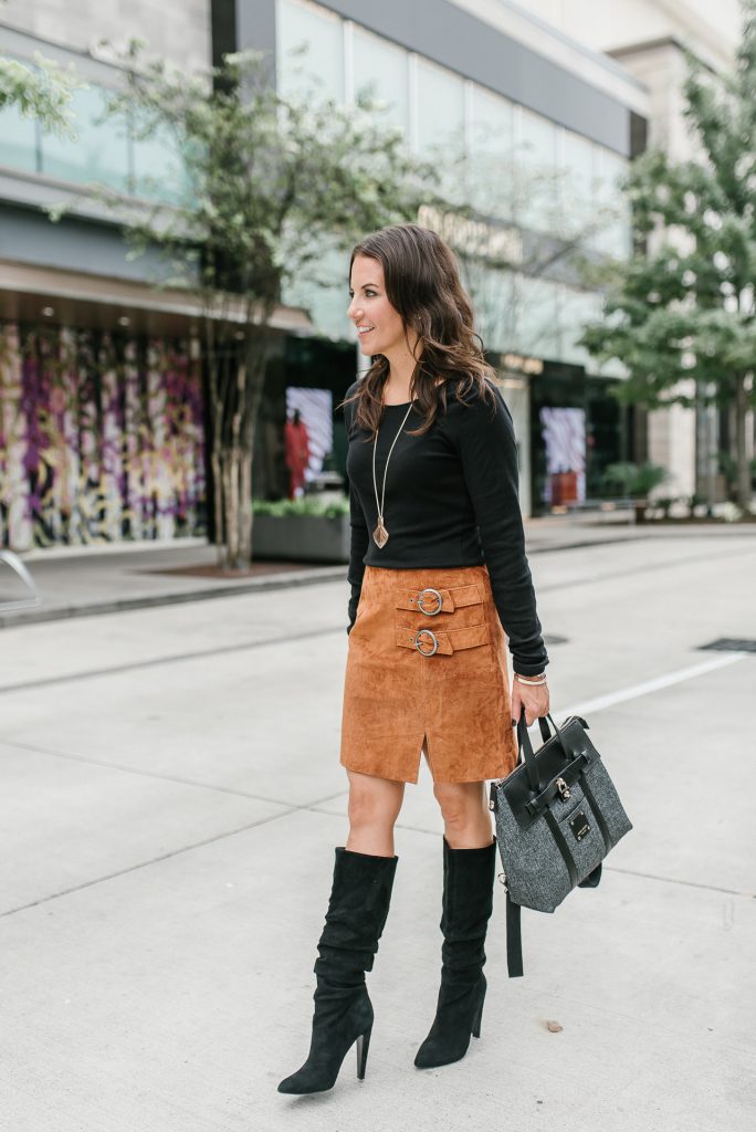 fall fashion | suede skirt | black tall boots | Houston Fashion Blogger Lady in Violet