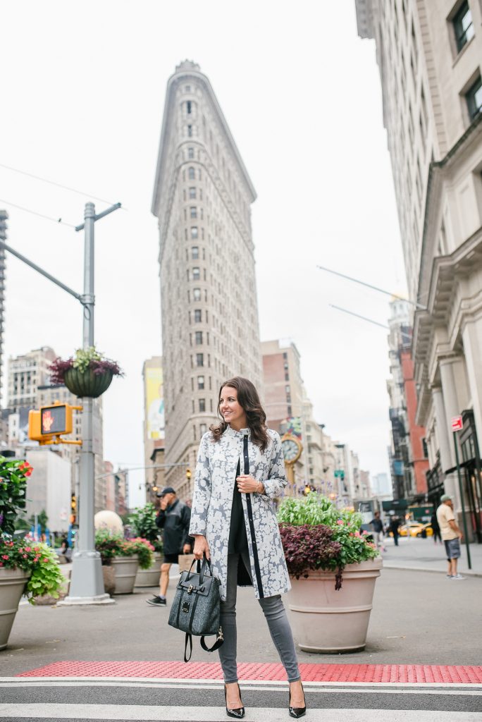 fall outfit | gray floral coat | gray jeans | flat iron nyc blogger photo | Houston Fashion Blogger Lady in Violet