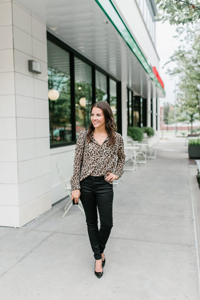 fall outfit | leopard blouse | black jeans | Petite Fashion Blogger Lady in Violet