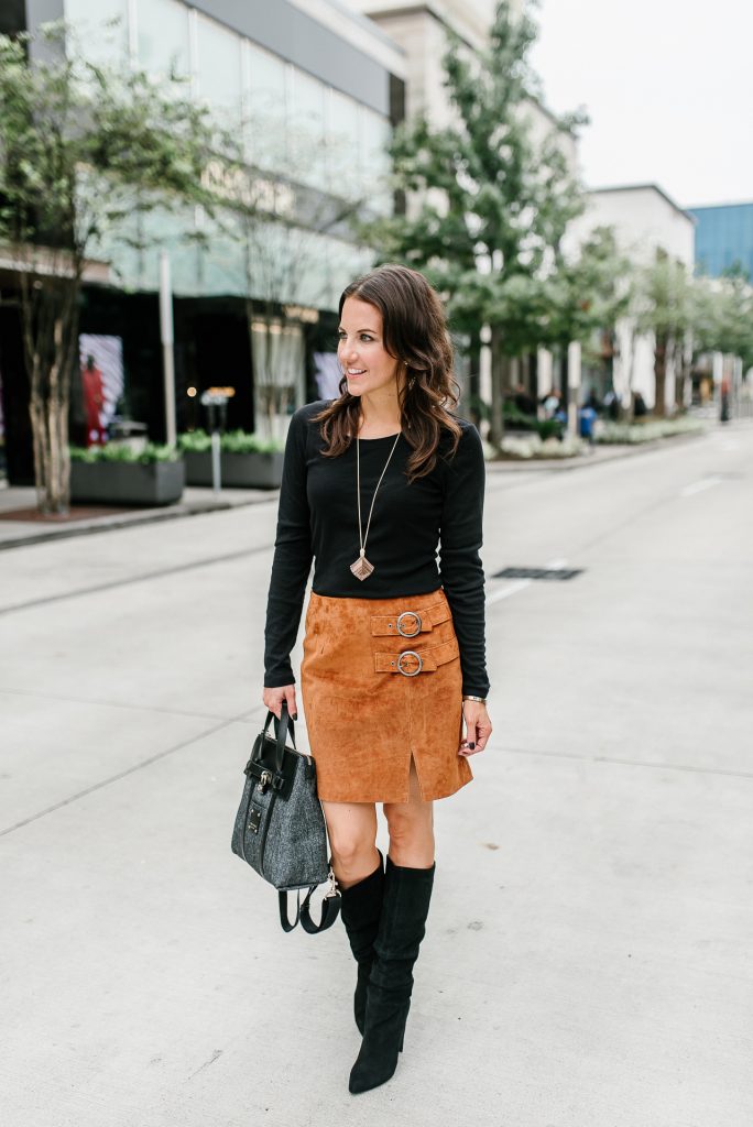 Fall Trend Suede Skirt Lady in Violet Houston Fashion Blogger