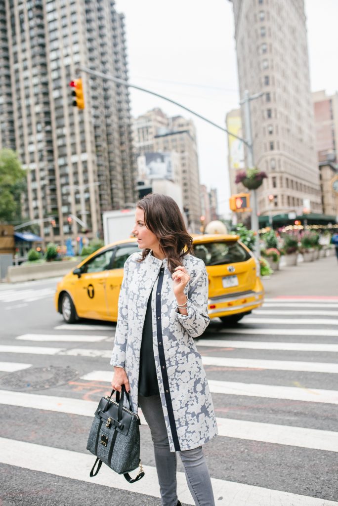 fall outfit | blogger nyc taxi photo | gray floral coat | henri bendel mini jetsetter bag | Houston Fashion Blogger Lady in Violet