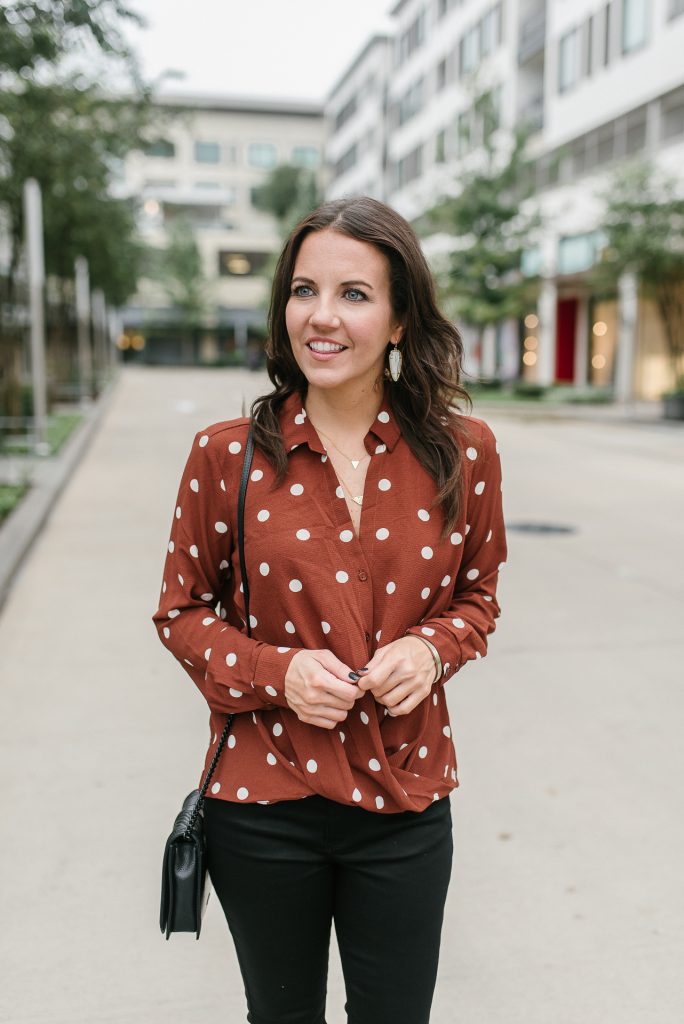 fall outfit | polka dot blouse | gold necklaces | Houston Fashion Blogger Lady in Violet