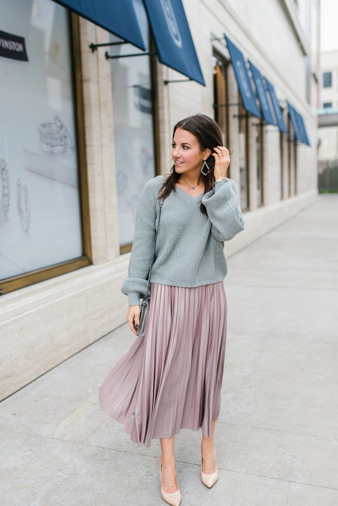 workwear | sweater and midi skirt outfit | petite fashion | Houston Fashion Blogger Lady in Violet