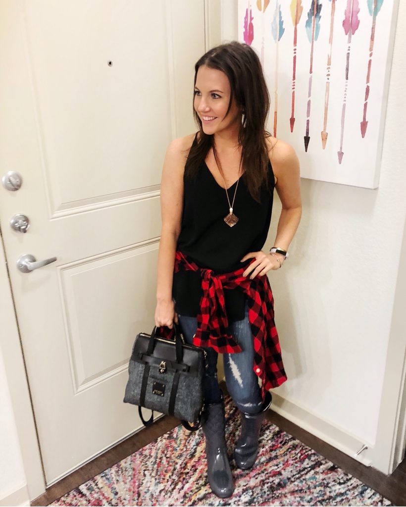 casual outfit | buffalo plaid | quilted rain boots | Houston Fashion Blogger Lady in Violet