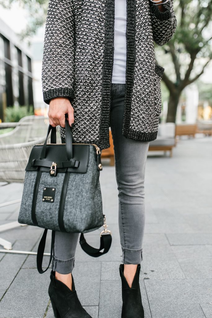 fall outfit | gray skinny jeans | henri bendel jetsetter bag | Houston Fashion Blogger Lady in Violet