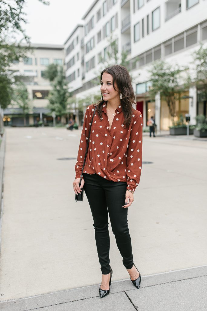 fall casual outfit | polka dot blouse | black jeans | Houston Fashion Blogger Lady in Violet