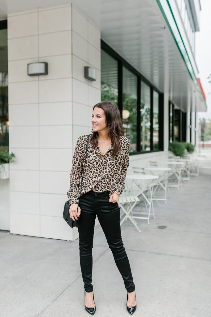 fall casual outfit with heels | leopard print top | black jeans | Houston Fashion Blogger Lady in Violet