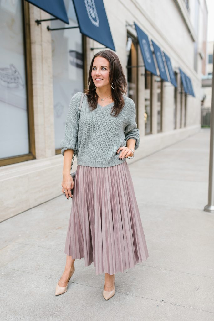 fall outfit | gray sweater | pink midi skirt | Houston Fashion Blogger Lady in Violet