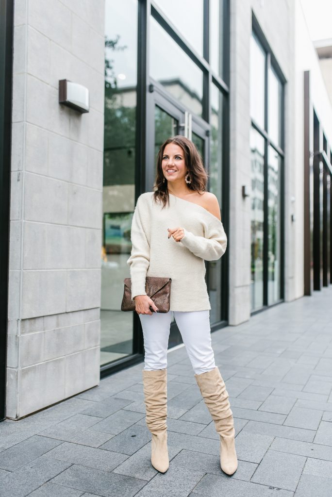 fall outfit | ivory one shoulder sweater | stuart weitzman boots | Houston Fashion Blogger Lady in Violet