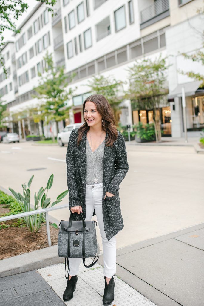 Fall outfit | dark gray cardigan | white jeans | Top Houston Fashion Blogger Lady in Violet