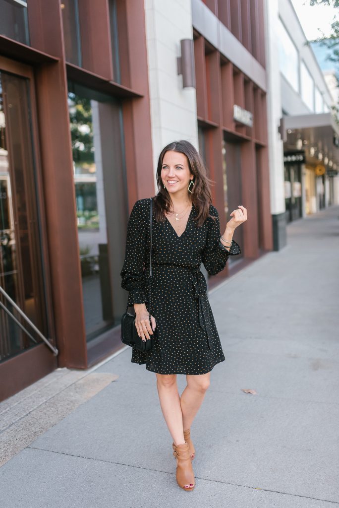 fall outfit | polka dot dress | peep toe booties | Houston Fashion Blogger Lady in Violet