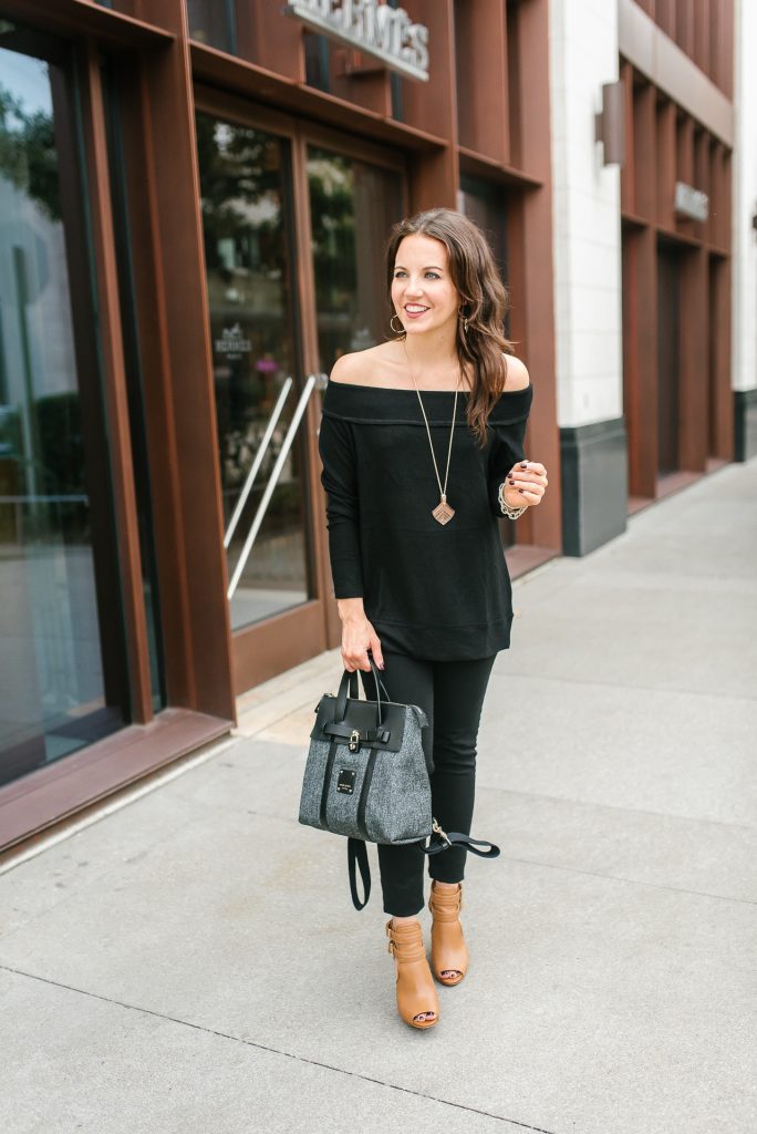 thanksgiving outfit idea | black off the shoulder sweater | brown peep toe booties | Houston Fashion Blogger Lady in Violet