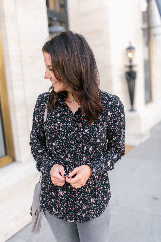 fall outfit | dark floral top | gray crossbody bag | Houston Fashion Blogger Lady in Violet