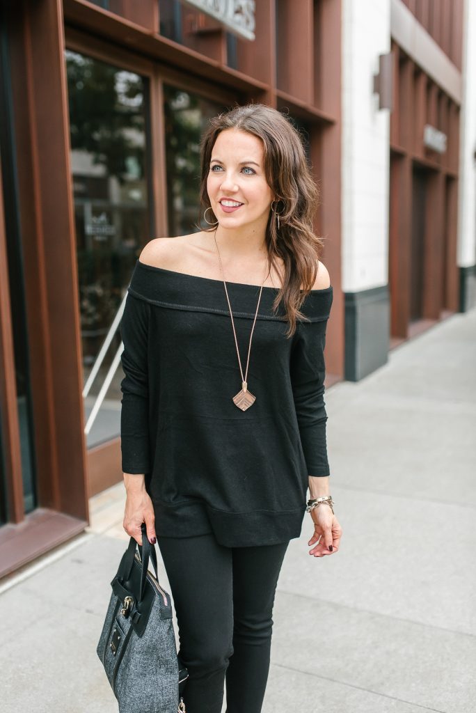 Fall outfit | rose gold necklace | black off the shoulder sweater | Houston Fashion Blogger Lady in Violet