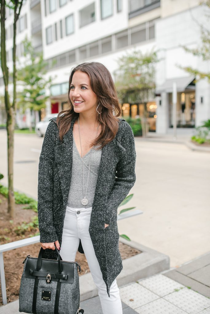 winter outfit | casual coatigan | gray bodysuit | Popular Houston Fashion Blogger Lady in Violet