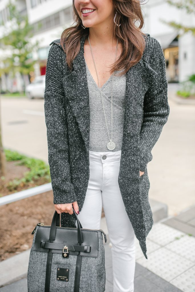 casual winter outfit | sweater coatigan | gray bodysuit | julie vos necklace | Popular Petite Fashion Blogger Lady in Violet